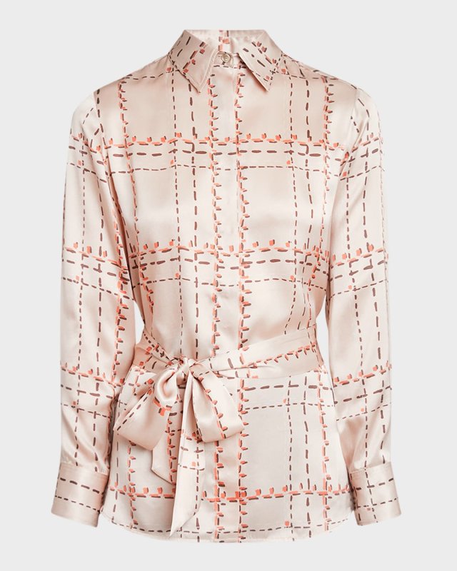 Silk Plaid Sash-Tie Shirt