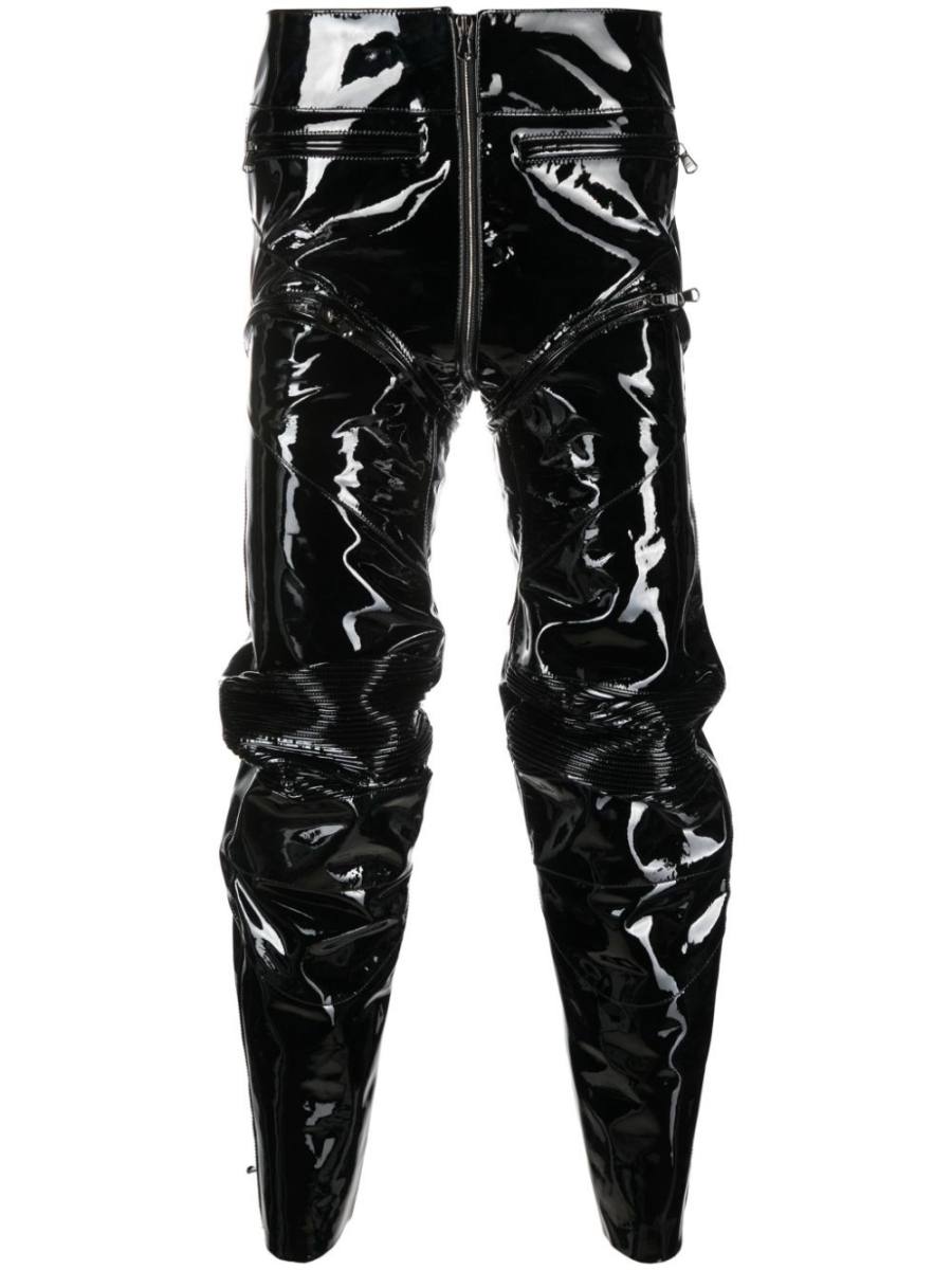 panelled gathered patent leather trousers
