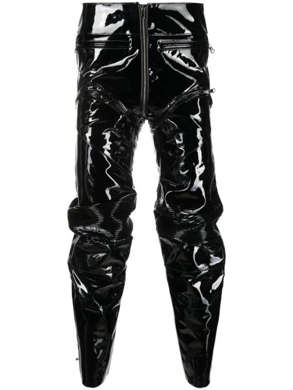panelled gathered patent leather trousers
