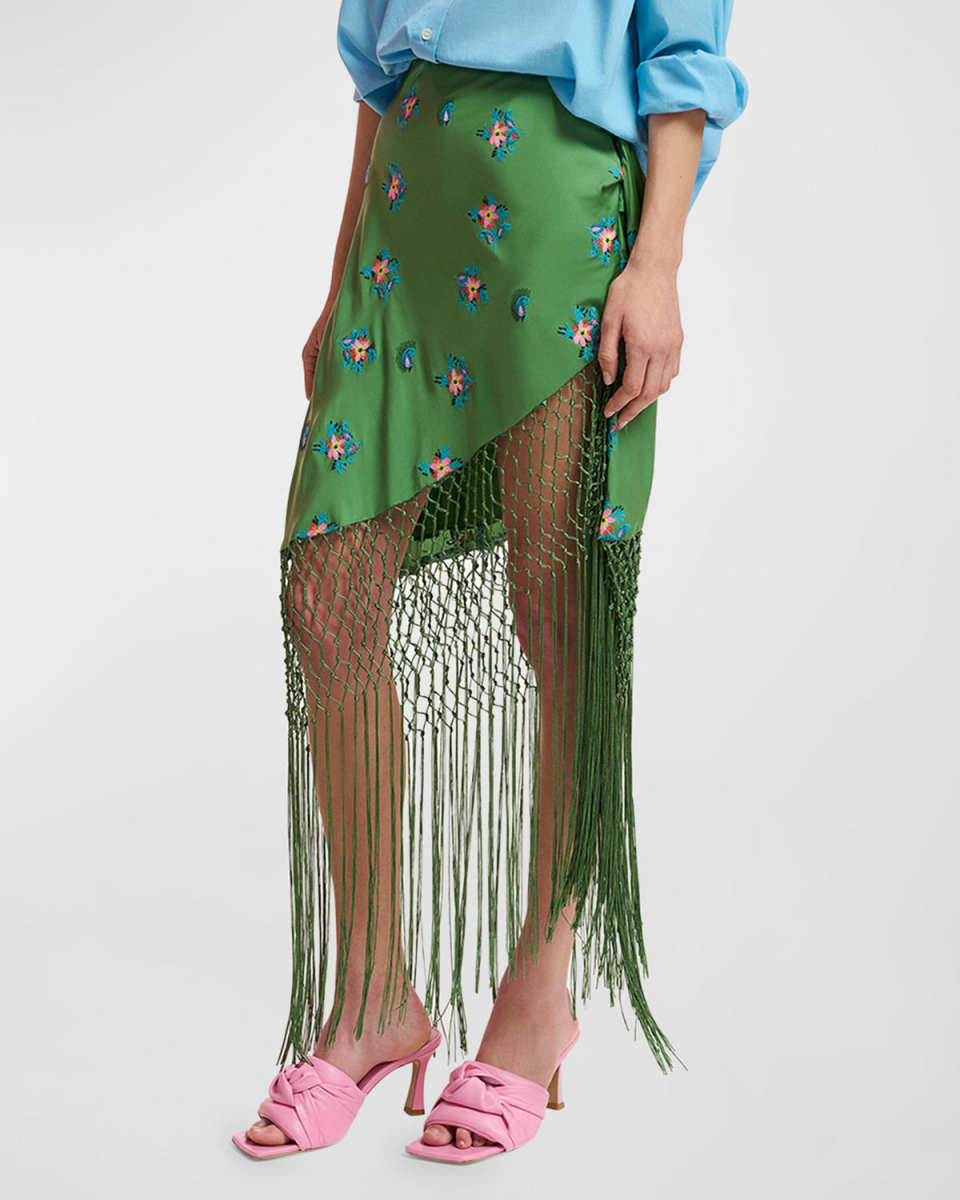 Fioretto Embroidered Front-Tie Mini Fringe Skirt