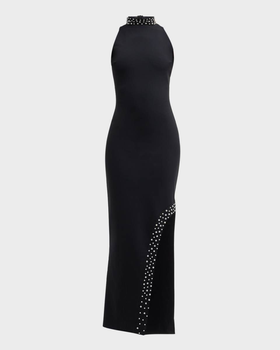 Pearly-Embellished Mock-Neck Column Gown