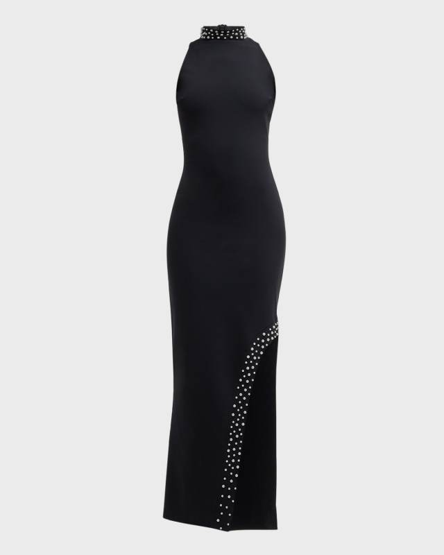Pearly-Embellished Mock-Neck Column Gown