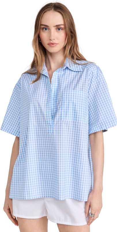 CAROLINE CONSTAS Missa Open Placket Pullover Top Blue Dawn Gingham