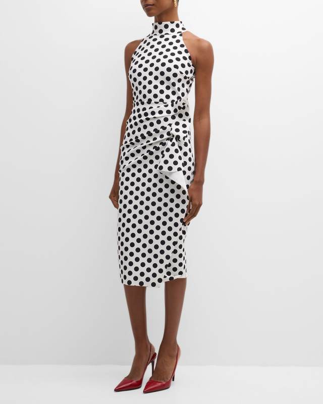 Polka-Dot Ruffle Mock-Neck Midi Dress