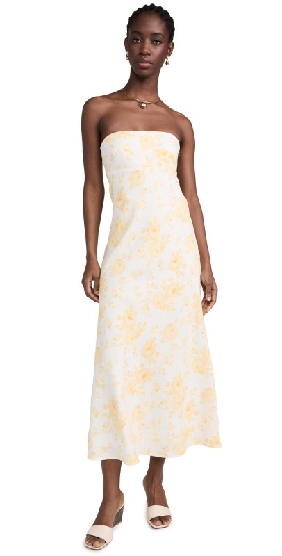 WAYF Strapless Midi Dress Yellow Roses