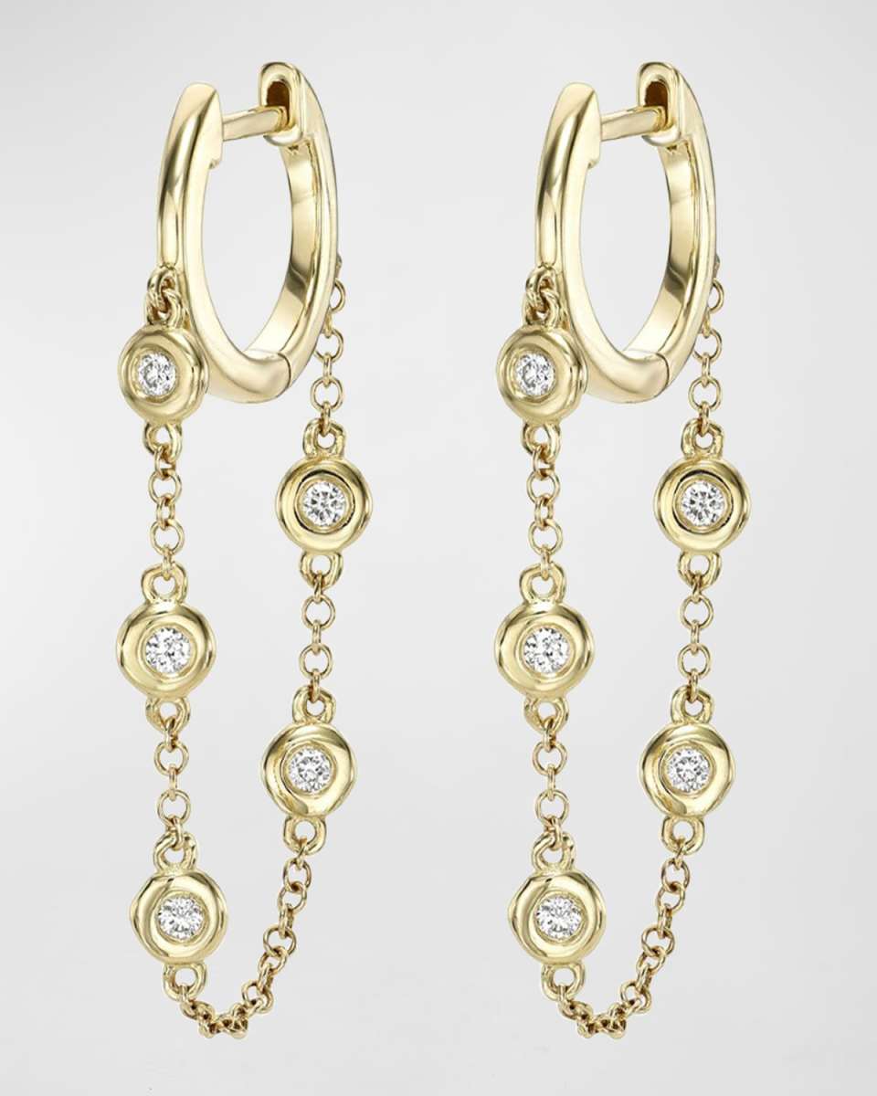 Gold Huggie Earrings with Bezel Chain