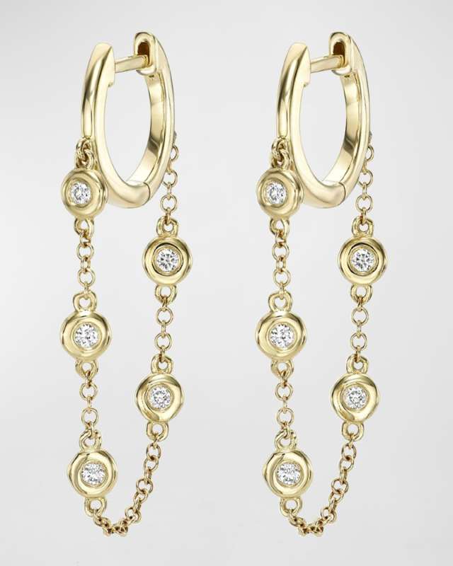 Gold Huggie Earrings with Bezel Chain