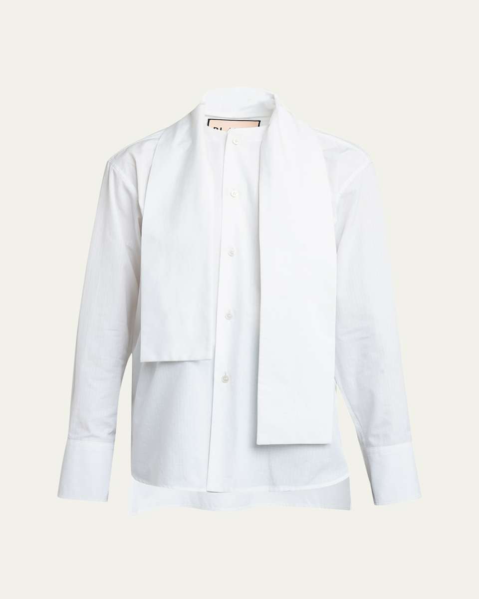 Scarf-Neck Button Up Poplin Shirt