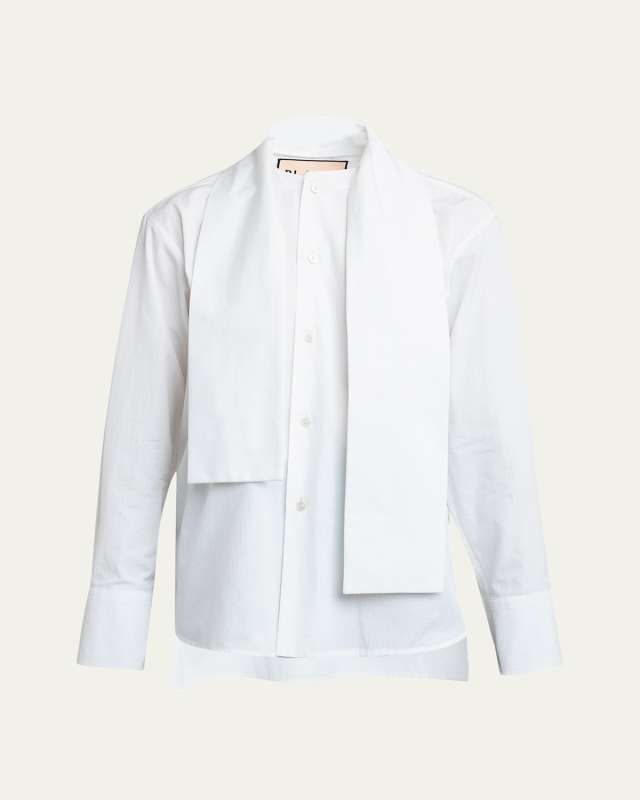 Scarf-Neck Button Up Poplin Shirt