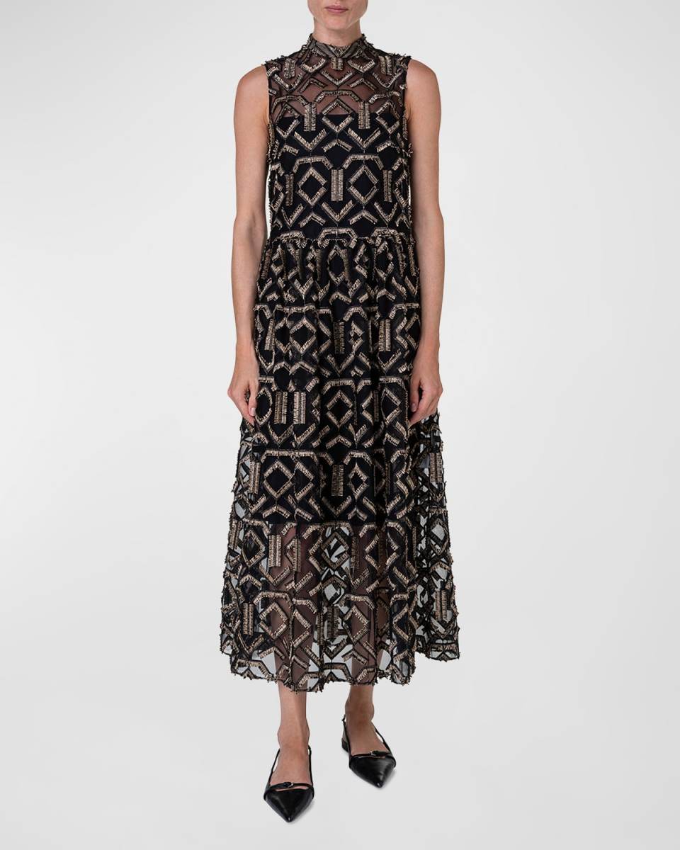Gold Fringe Embroidered Tulle Midi Dress
