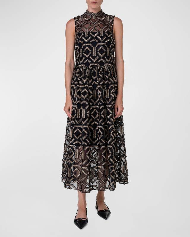 Gold Fringe Embroidered Tulle Midi Dress
