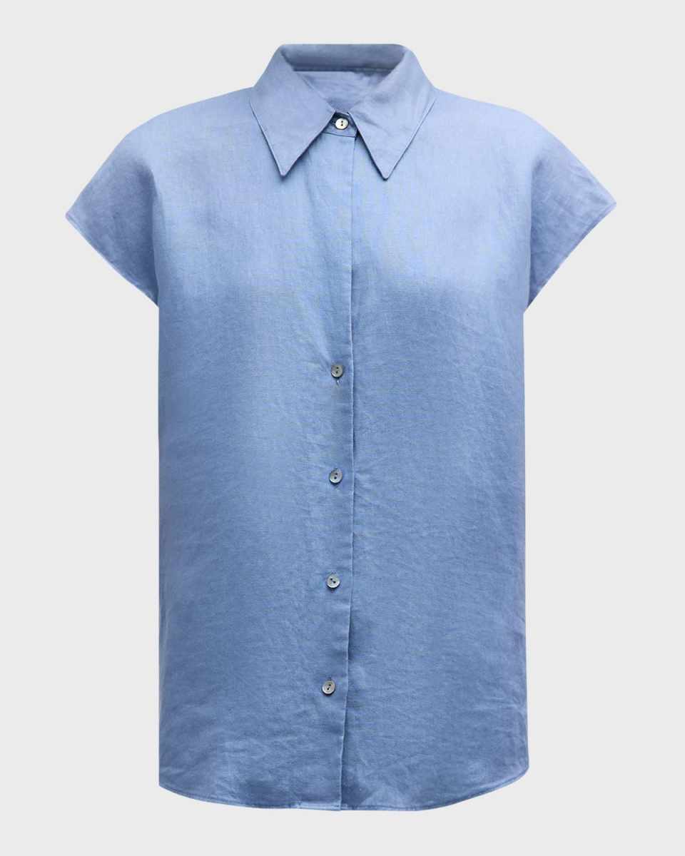 Cap-Sleeve Linen Button-Front Blous
