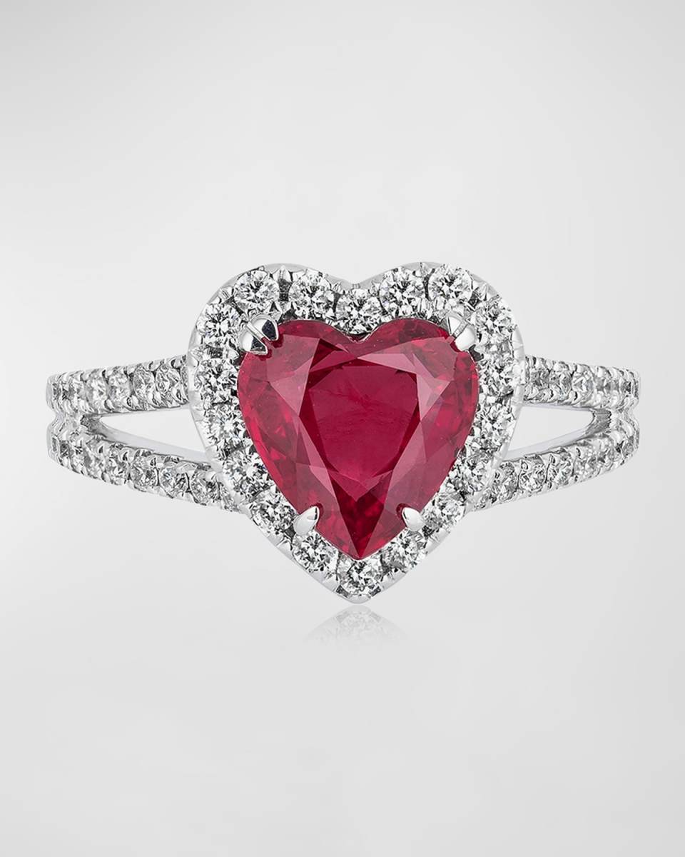 18K White Gold Heart Shaped Ruby Ring with Diamonds, Size 6