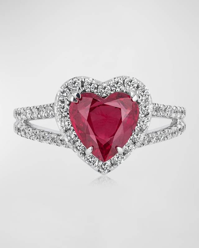 18K White Gold Heart Shaped Ruby Ring with Diamonds, Size 6