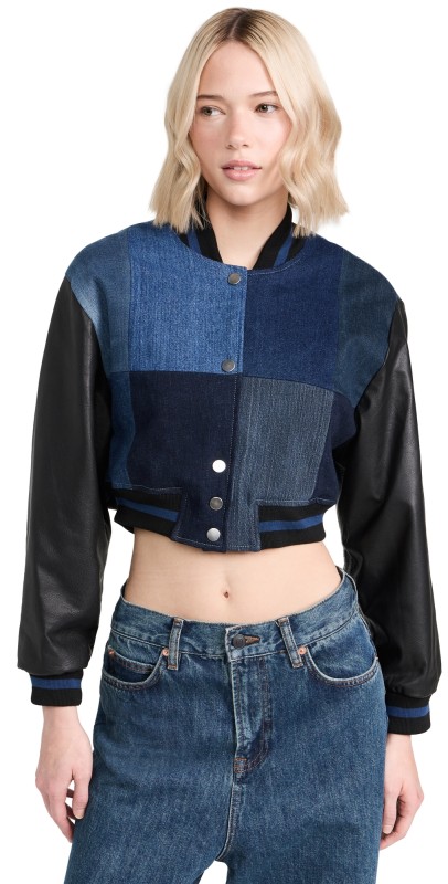 EB Denim Cropped Varsity Jacket Dark Wash/Black