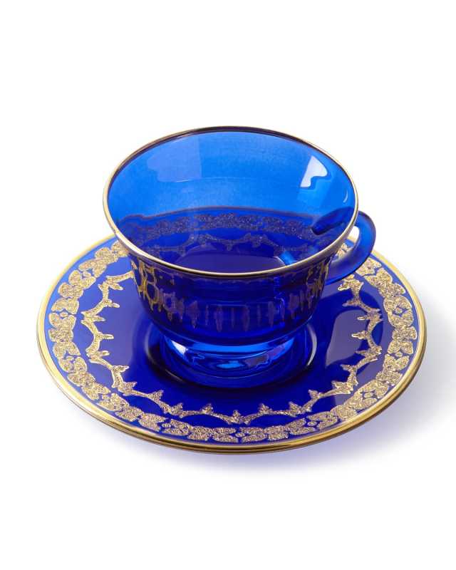 Blue Oro Bello Teacups & Saucers, Set of 4