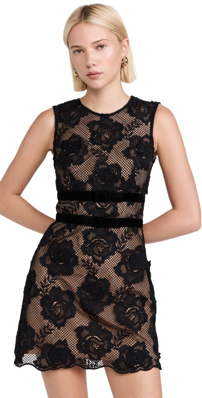Self Portrait Black Lace Velvet Bow Mini Dress Black