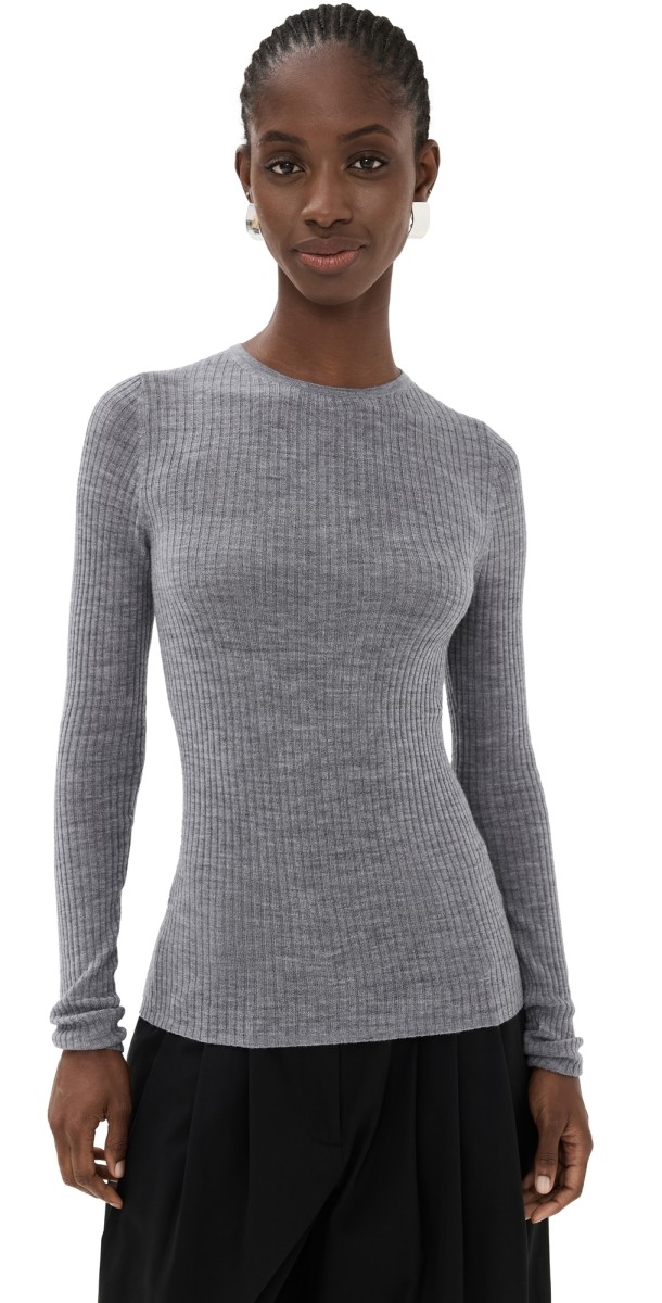 Tibi Feather Weight Ribbed Crew Neck Pullover Grey