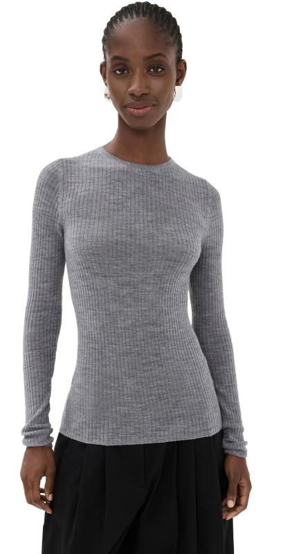 Tibi Feather Weight Ribbed Crew Neck Pullover Grey