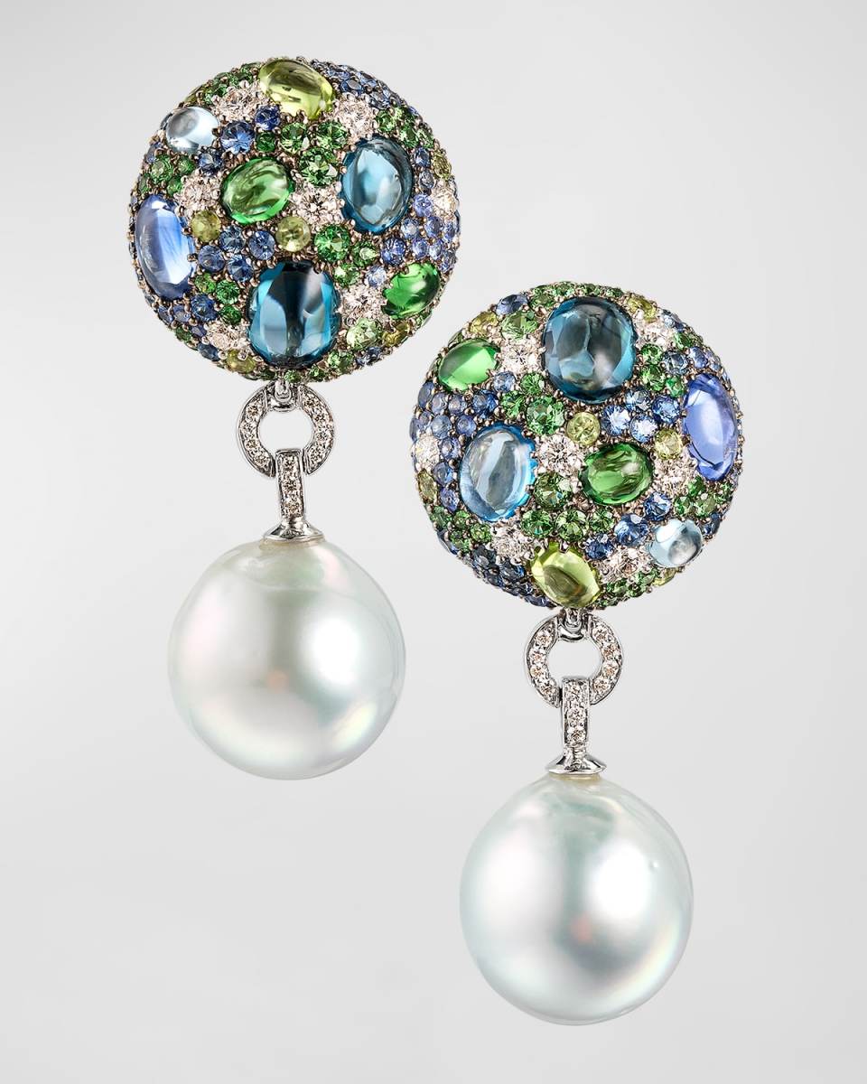 18k White Gold Mixed Stone Cookie & Pearl Drop Earrings