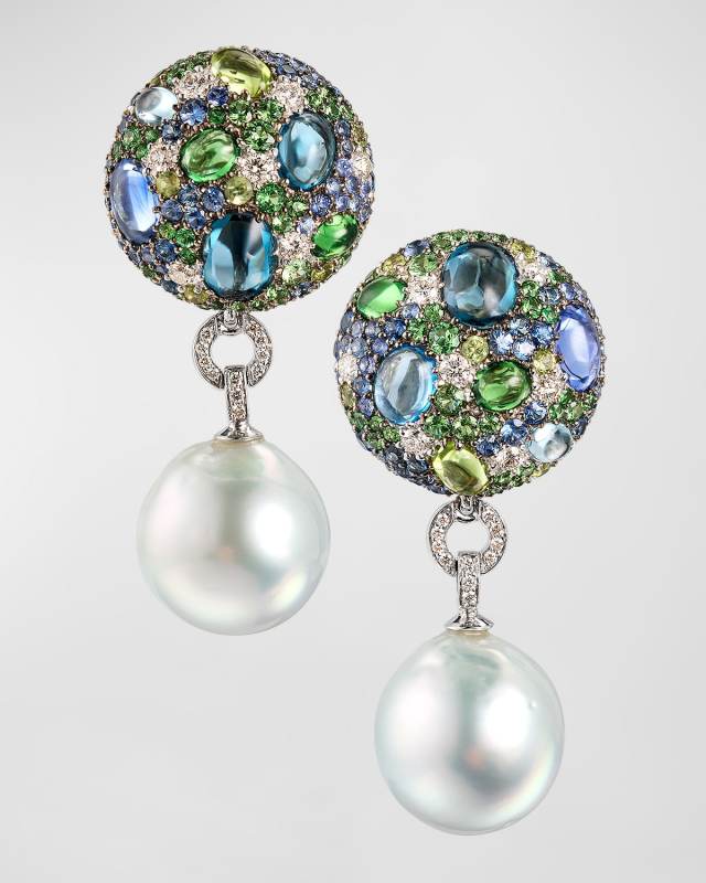 18k White Gold Mixed Stone Cookie & Pearl Drop Earrings
