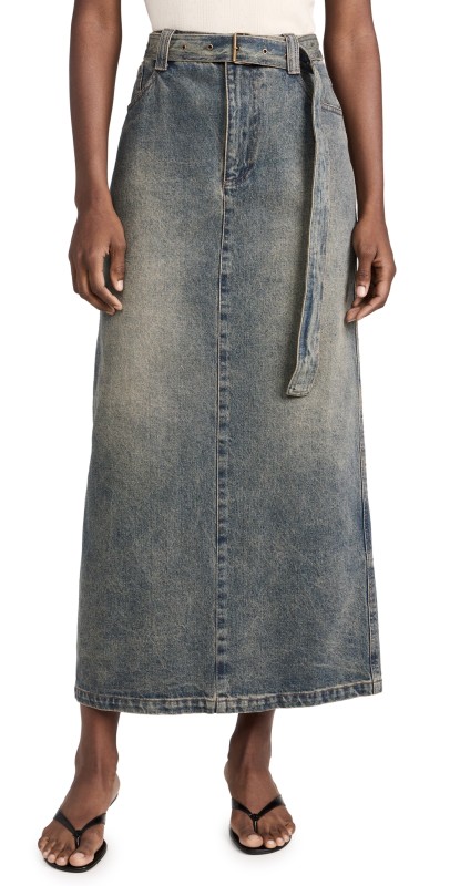 Pixie Market Belted Dirty-Wash Maxi Skirt Dirty Denim