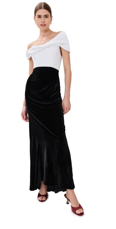 Rosie Assoulin Velvet Twisted Shoulder Dress Black/Cream