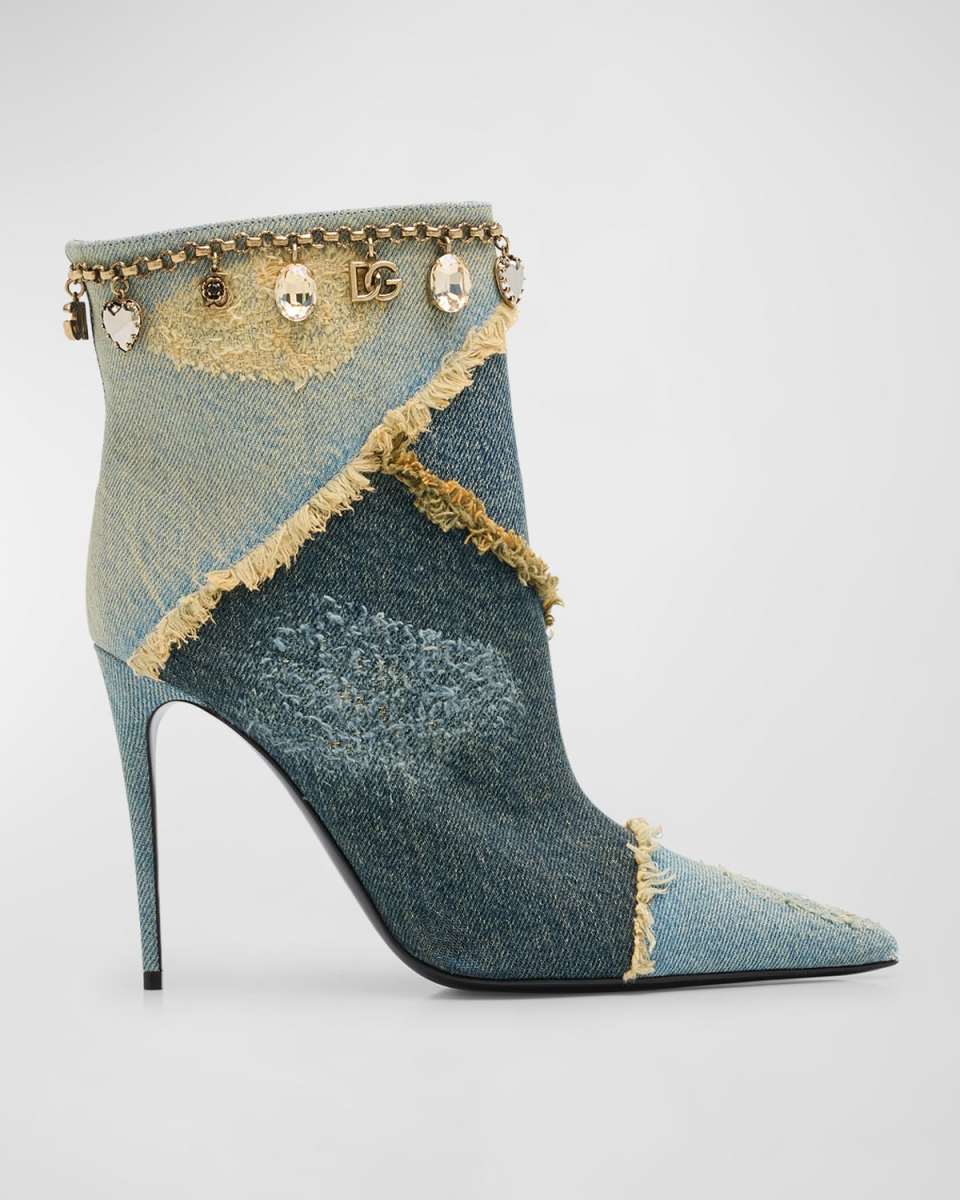 Distressed Denim Charms Ankle Booties