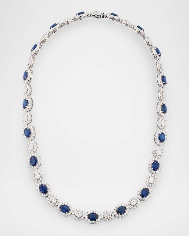 18K White Gold Sapphire and Diamond Classic Tennis Necklace, 16"L