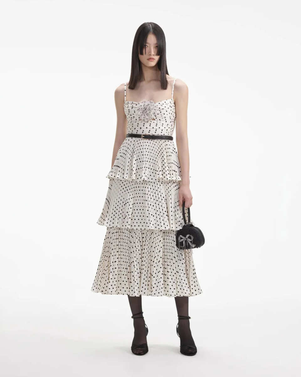 Cream Polka Dot Tiered Midi Dress