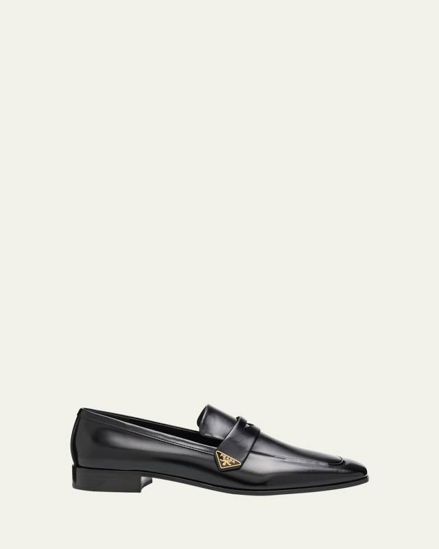 Spazzolato Leather Logo Penny Loafers