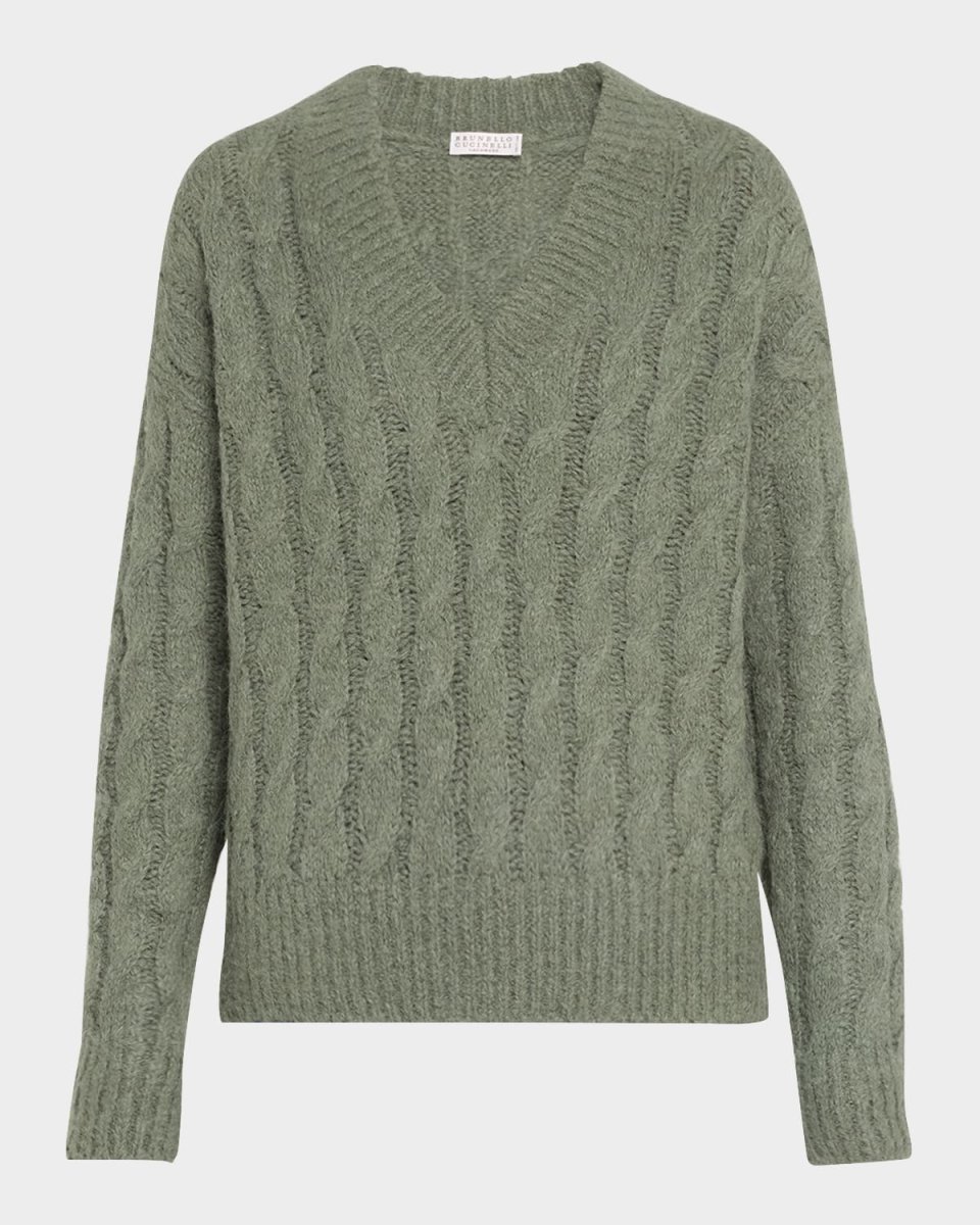 V-Neck Alpaca-Mohair Cable-Knit Sweater With Monili Detai