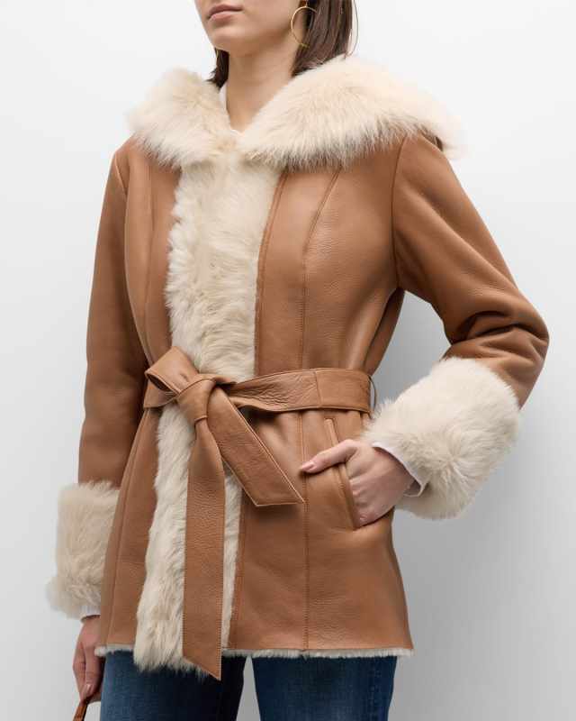 Belted Shearling Lamb Hooded Jacket With Toscana Trim And Cuffs