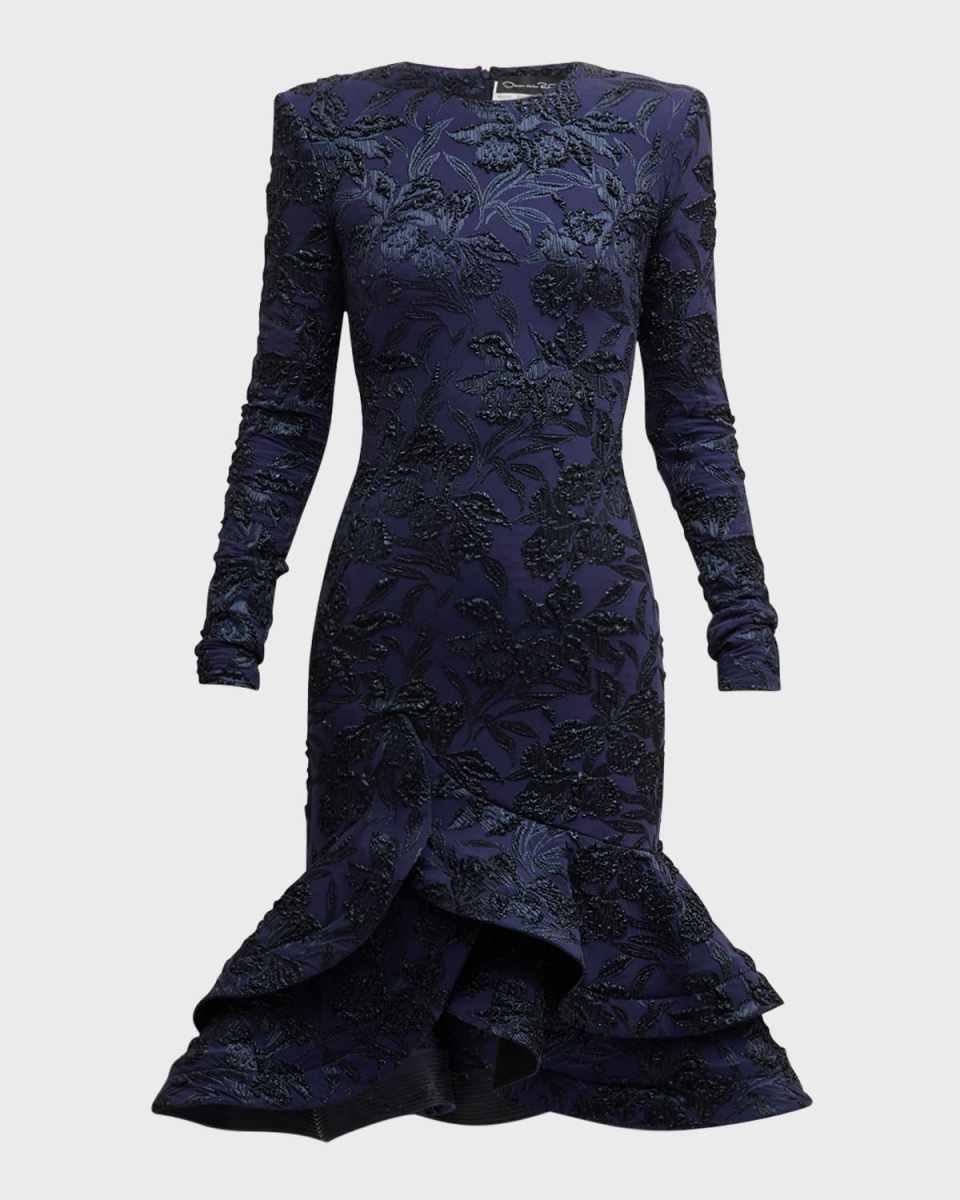 Long-Sleeve Metallic Orchid Jacquard Mini Flare Dress