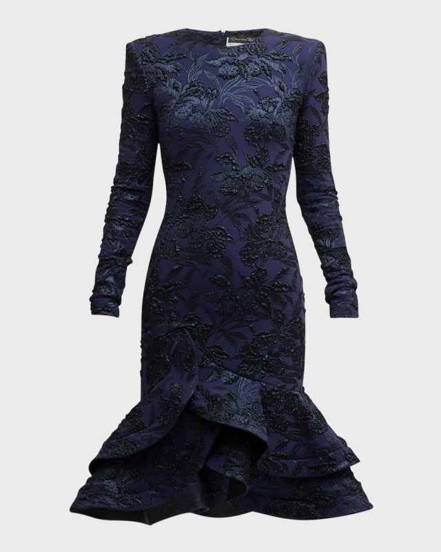 Long-Sleeve Metallic Orchid Jacquard Mini Flare Dress