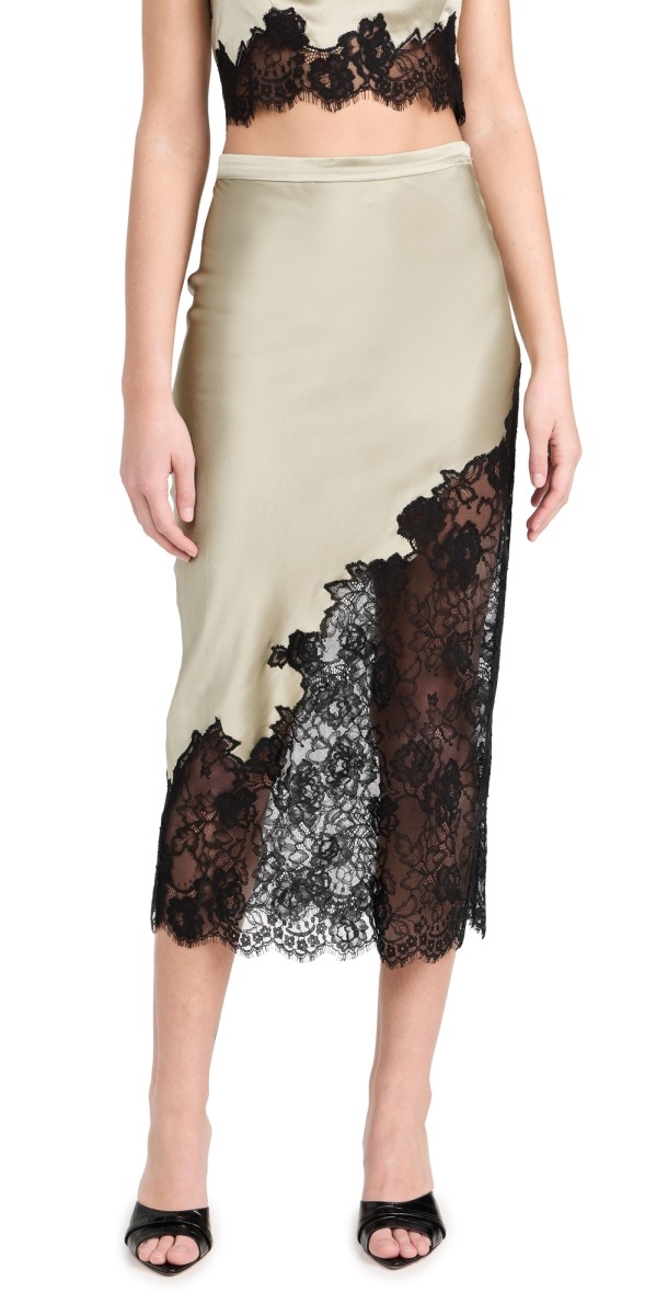Fleur du Mal Silk andace Scallop Midi Skirt Olive Green