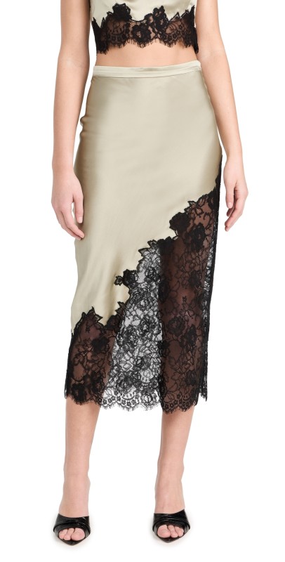 Fleur du Mal Silk andace Scallop Midi Skirt Olive Green