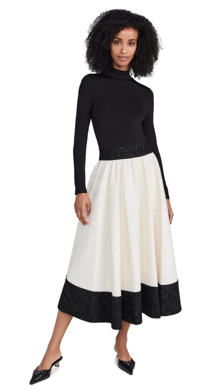 alice + olivia Chara Turtleneck Long Sleeve Full Flare Midi Dress Off White/Black
