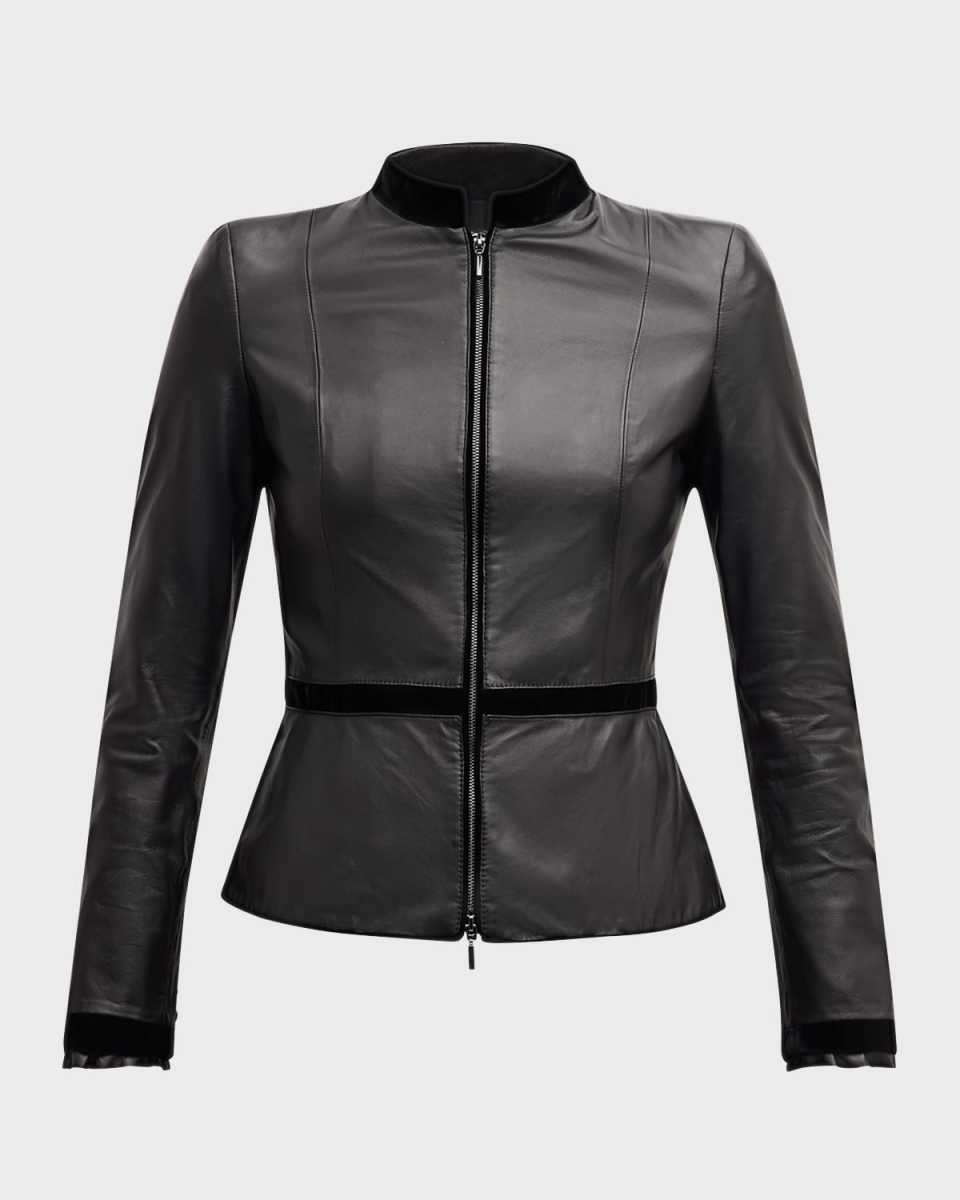 Velvet-Trim Leather Jacket