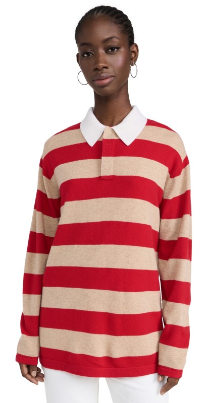 Guest in Residence Striped Rugby Cashmere Sweater Dune/True Red Stripe