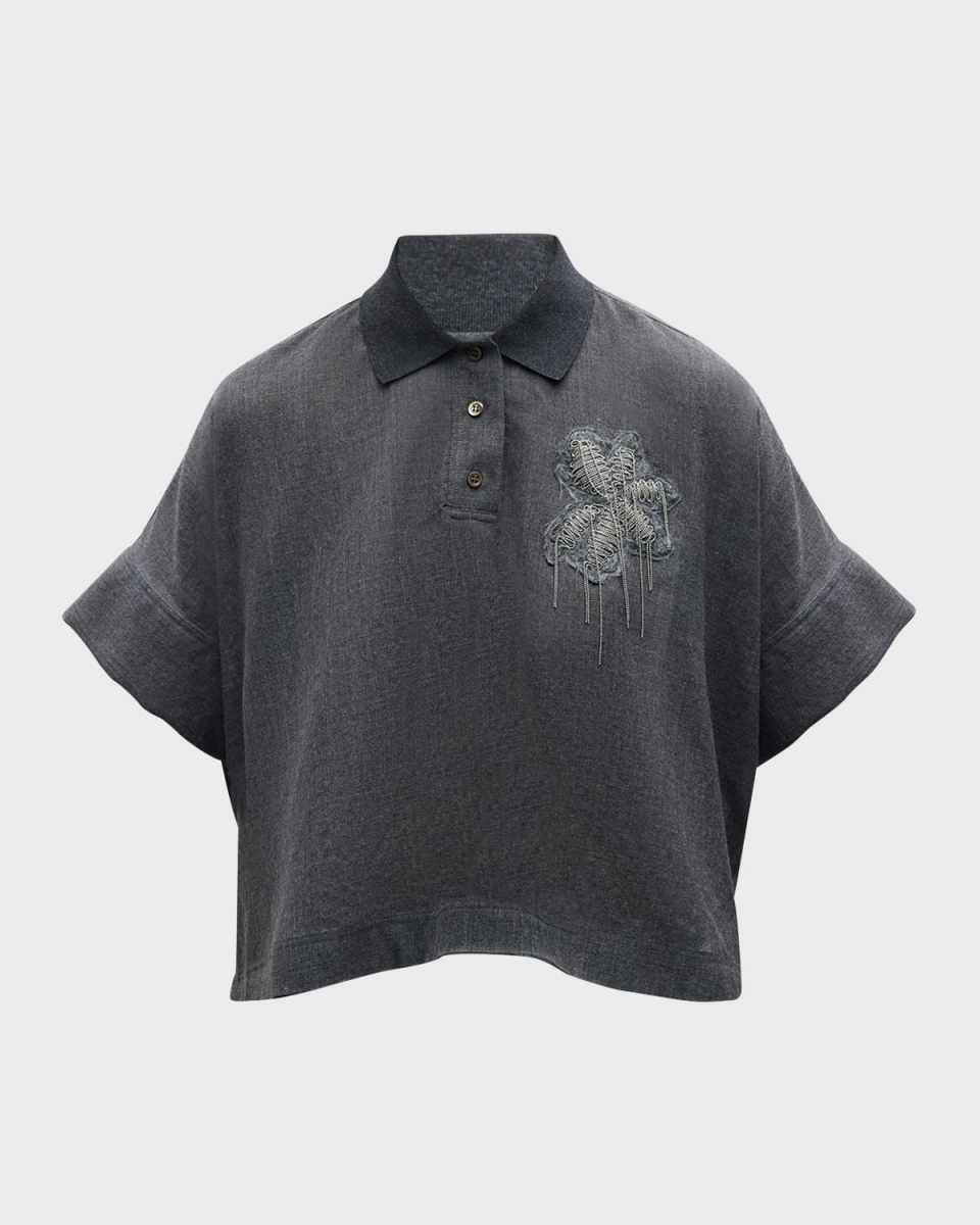 Monili Floral Crest Short-Sleeve Wool-Gauze Polo Top
