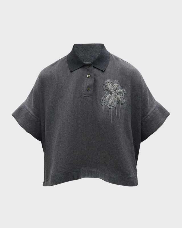 Monili Floral Crest Short-Sleeve Wool-Gauze Polo Top