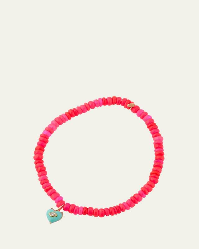 14K Yellow Gold Small Carved Diamond Marquise Bezel Turquoise Heart Charm on Hot Pink Opal Beaded Bracelet