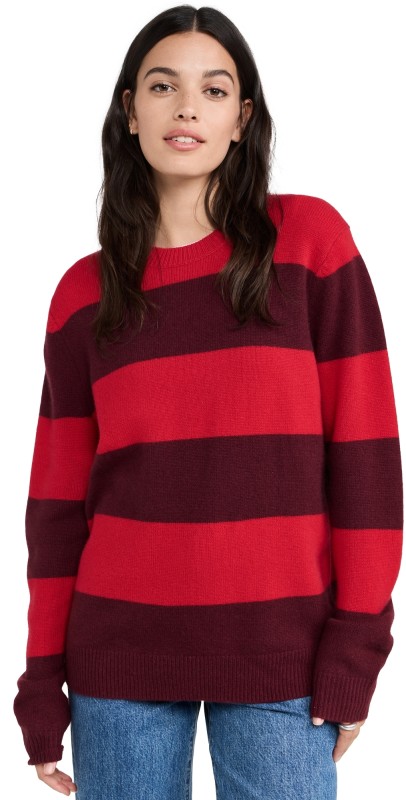 Guest in Residence Stripe Crew Cashmere Sweater True Red/Plum Stripe