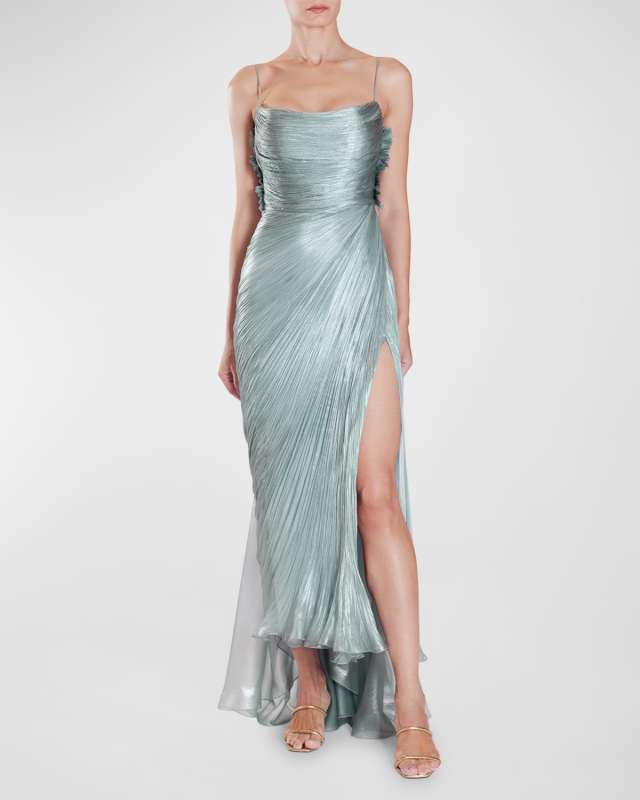 Manon Metallic Plisse Drape Thigh-Slit Gown