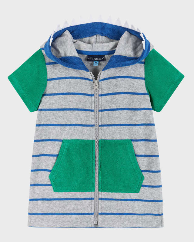 Boy's Dinosaur Zip-Front Striped Terry Hoodie Cover Up, Size 2T-7