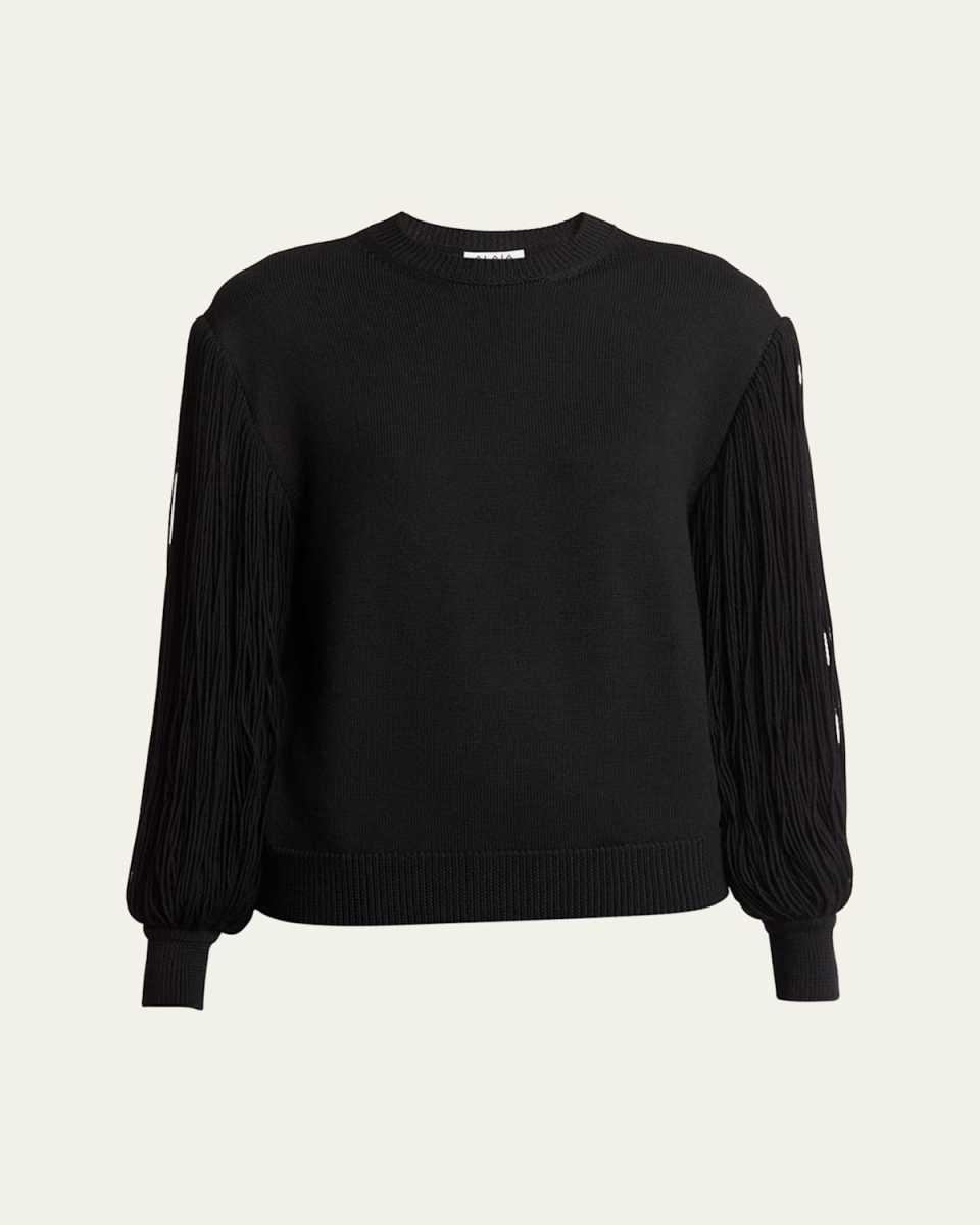 Slit Fringe Sleeve Wool Crewneck Sweater