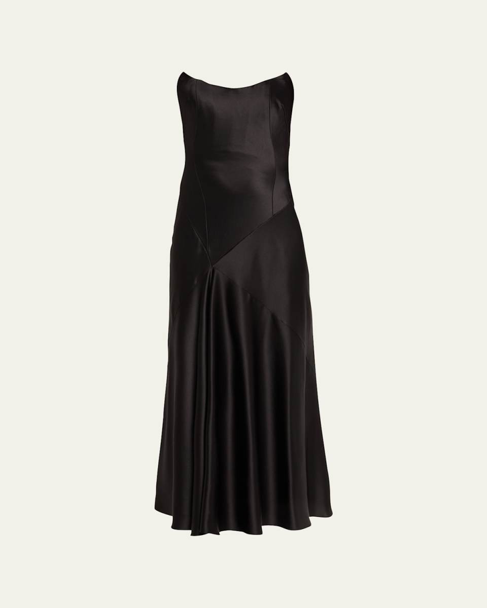 Loretta Satin Strapless Draped Midi Dress