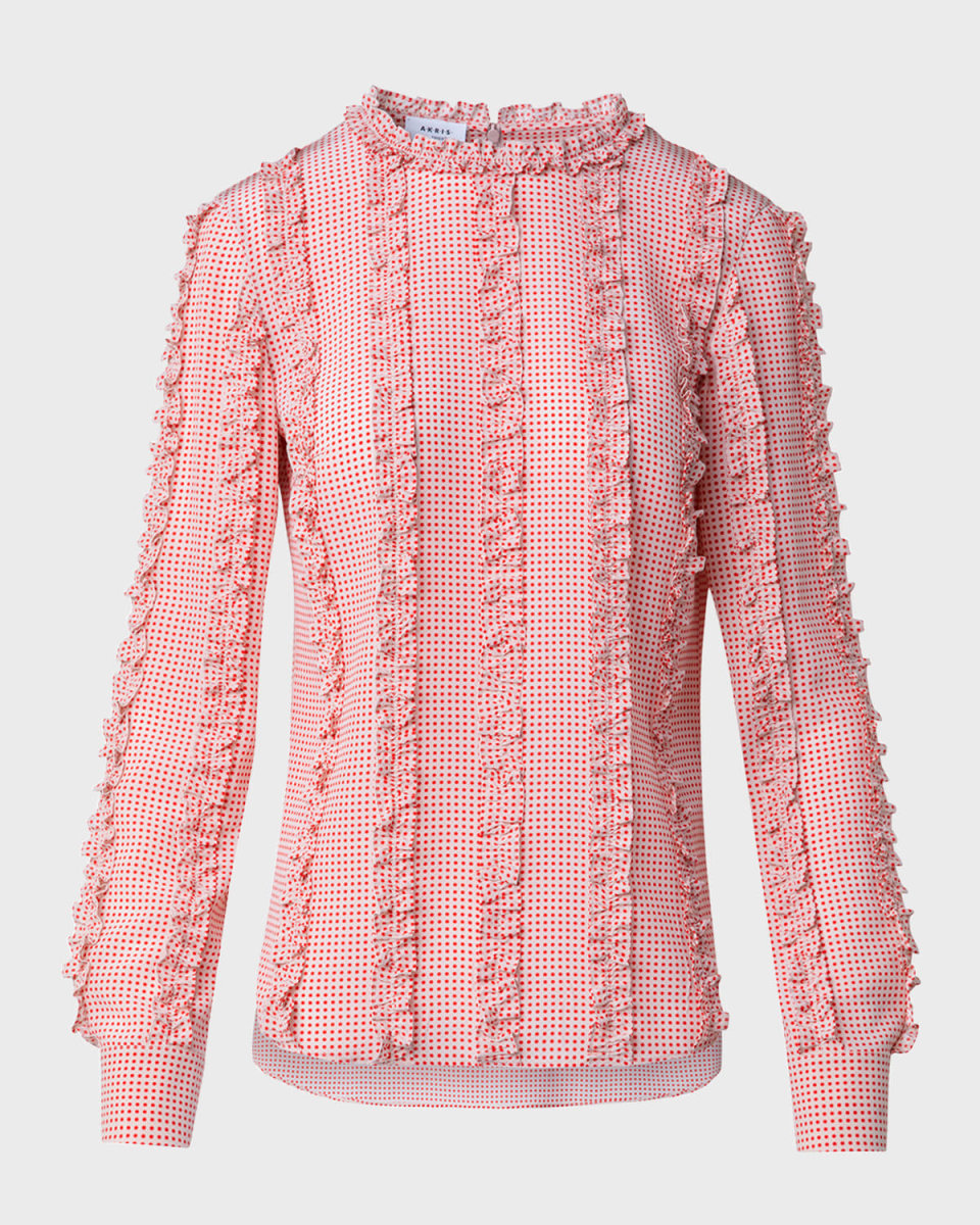 Pin Dot Silk Crepe De Chine Ruffle Long-Sleeve Blouse