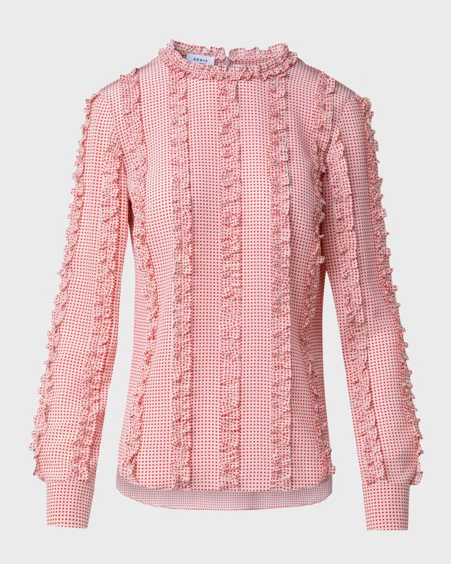 Pin Dot Silk Crepe De Chine Ruffle Long-Sleeve Blouse